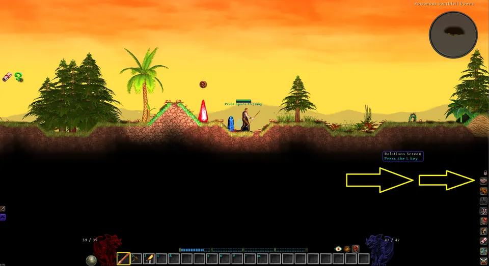 The toolbar down the right side of the screen during play, with the Relations Screen button marked and its tooltip open