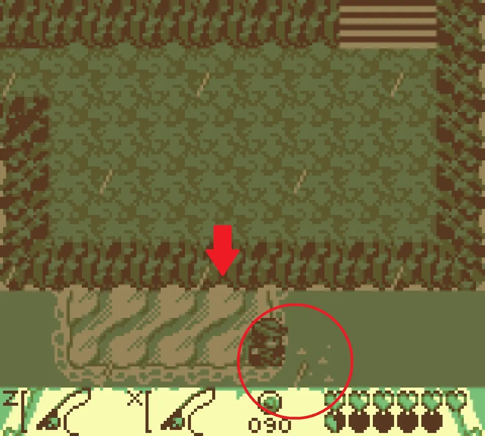 Fishing spot H: a red arrow on the hidden path down the cliff, with the ripples circled