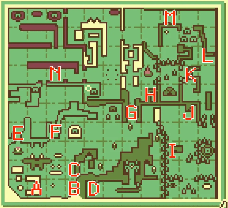 World map with all 14 Siren comb locations lettered A to N in red