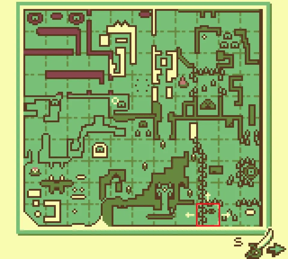 World map with the cave holding the witch's item boxed in red