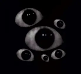 Eyes, a cluster of six staring grey eyeballs of different sizes floating in the dark