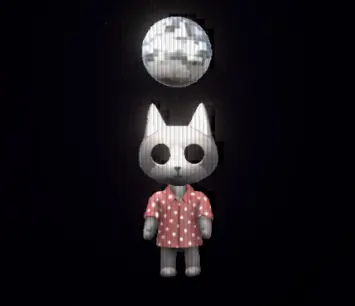 Dance Cat, a grey cat-headed figure with hollow eyes in a red polka-dot shirt, with a disco ball hanging above it