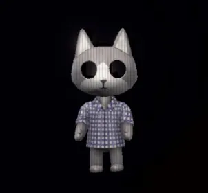 Ghost Cat, a grey cat-headed figure with hollow eyes in a blue checked shirt