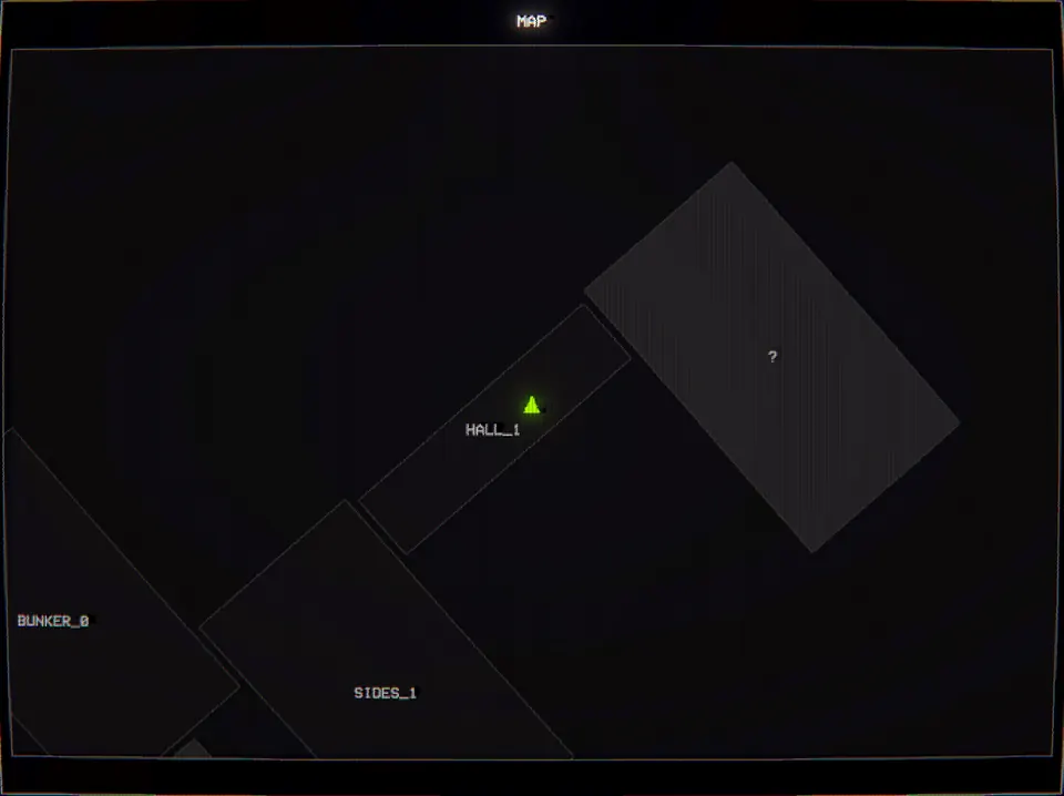 Lucid Cats map with the player in Hall_1 and an unexplored room marked ? joined to one end of the hall, with no other room attached to it
