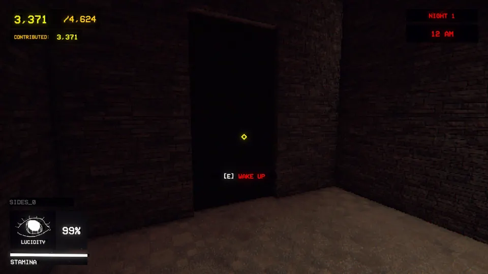 The exit door in the corner of a brick-walled room, with Sides_0 on the HUD and the Wake Up prompt showing