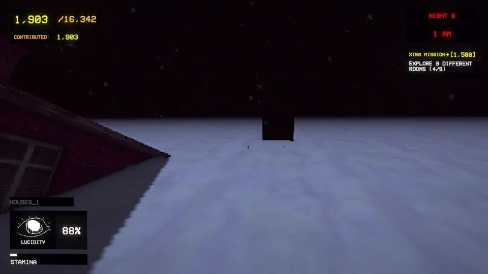 The exit door far ahead across the snow in Houses_1, with a house roof on the left