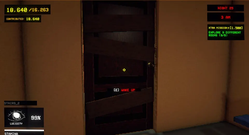 A door boarded up with planks in Stairs_2 that still shows the Wake Up prompt