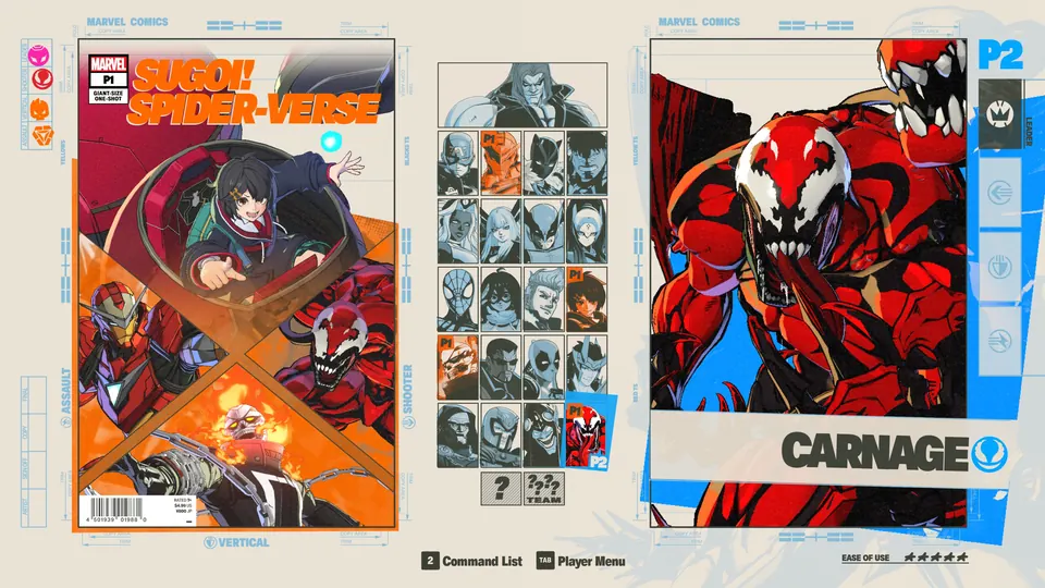 The character select screen with the roster grid in the middle and Carnage shown on the P2 side