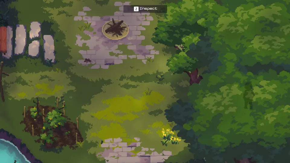 The trees to the right of the campfire at Satoru's house, with the Inspect prompt showing at the top of the screen where Kimothy hides for Found you!