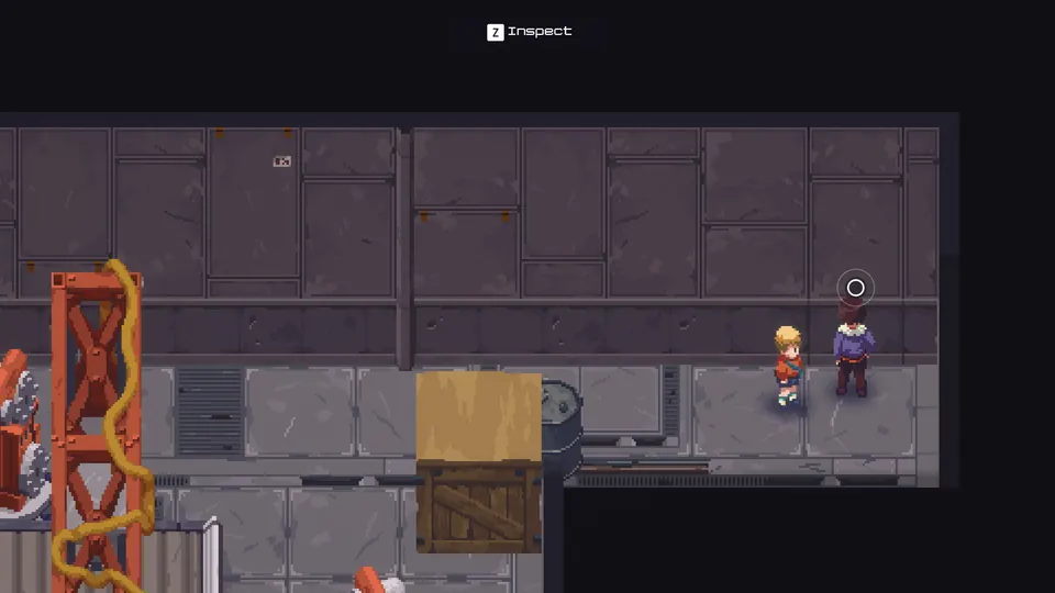 The inspect prompt at the end wall of the empty hall in Kai's lab, where the secret door to the Ladybug opens