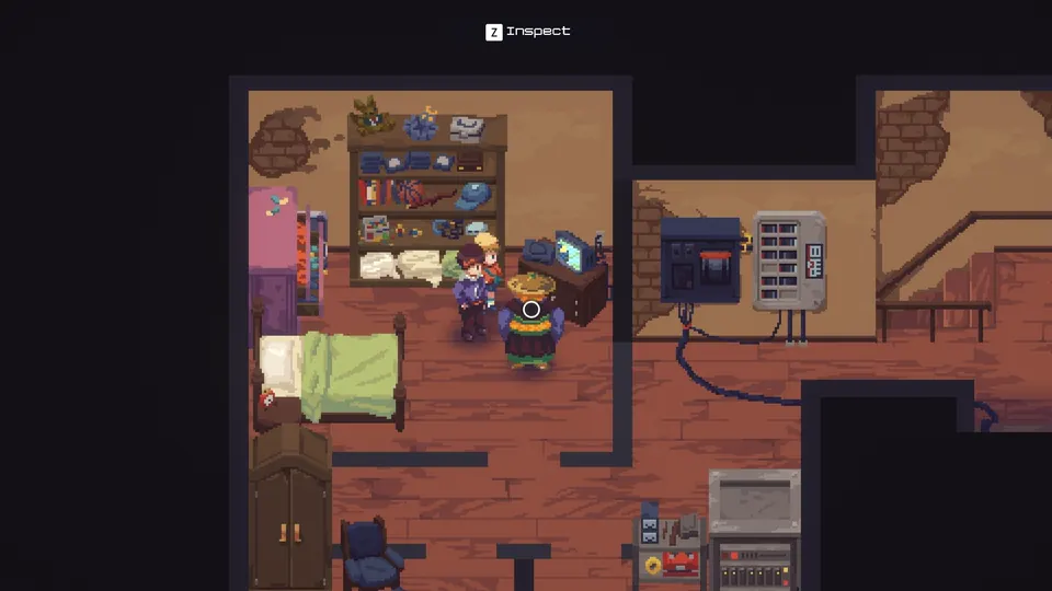 Kimothy's room at Asayla's shop after the Chapter 6 boss, with the inspect marker on the figure in a wide hat standing by the TV