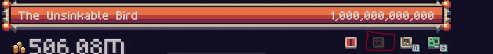 The top of the battle screen: the boss health bar, the gold counter below it, and the purchase rewind button ringed in red on the right