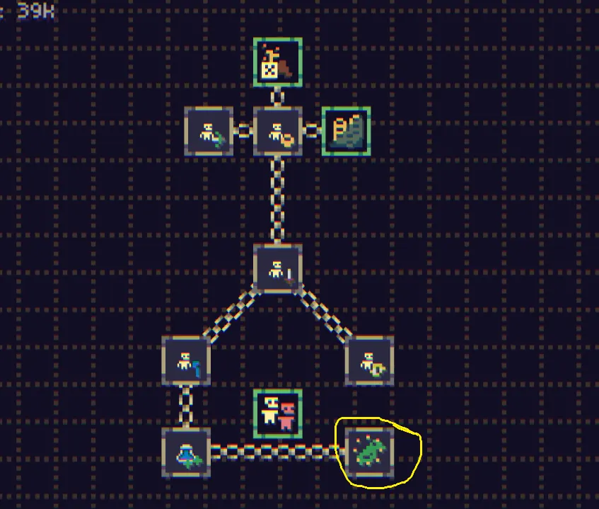 The Clerics upgrade tree with a yellow ring around the node showing a green bird, at the bottom right