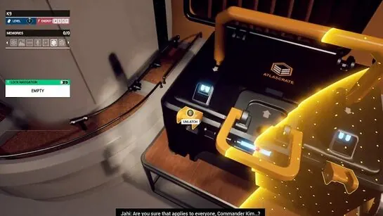 The yellow crate beside the hallway floor map, with the prompt to unlatch its buckle