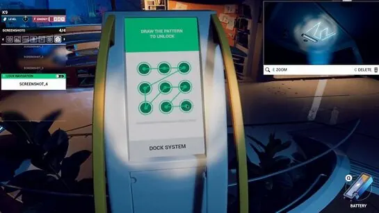 The Dock System kiosk with the unlock pattern drawn, beside a zoomed screenshot of the ceiling mark