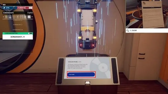 The Horizon Probe model display in the Lobby with its Play Audio button outlined
