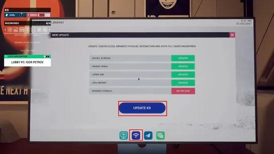 The Lobby computer's update screen with the Update K9 button outlined