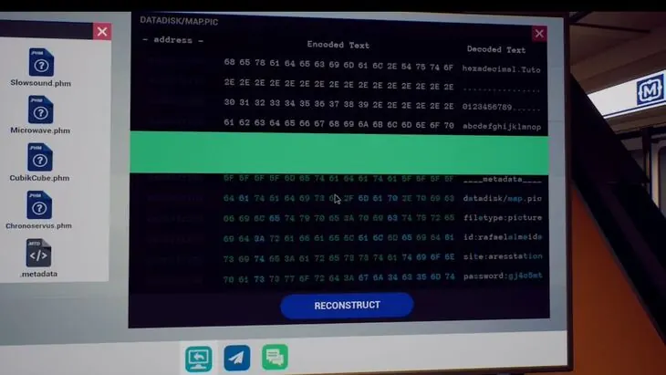 The .metadata hex editor on Rafael's laptop with the Reconstruct button