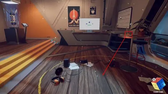 The Lobby anomaly zone with a red arrow pointing to the small yellow sign