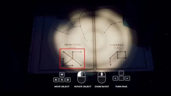 The constellation book open at Hercules, with its pattern outlined
