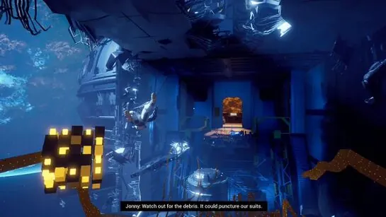 The broken walkway in the Fusion Core with a floating memory cube at its end