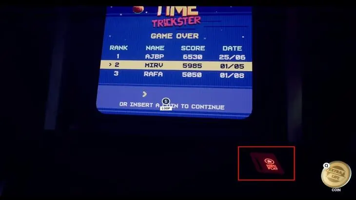The arcade machine's high score table, with the coin slot outlined below the screen