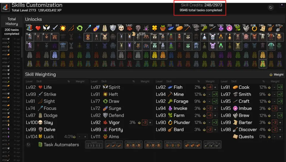 Scapewatch's Skills Customization screen, where you weight which skills your idle character trains next and spend your Skill Credits