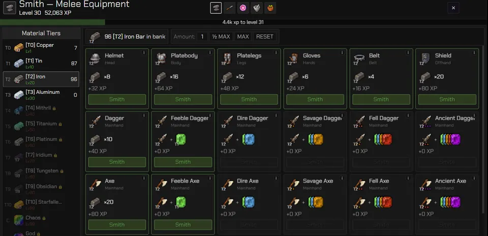 The Smith melee equipment tab, with bars of each tier on the left and helmets, platebodies, daggers and axes to make on the right