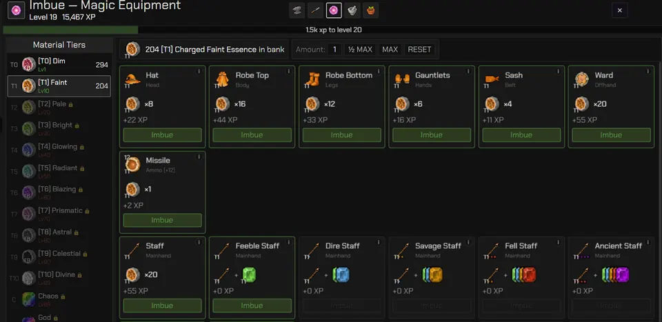 The Imbue magic equipment tab, with Charged Essence tiers on the left and robes, missiles and staves to make on the right