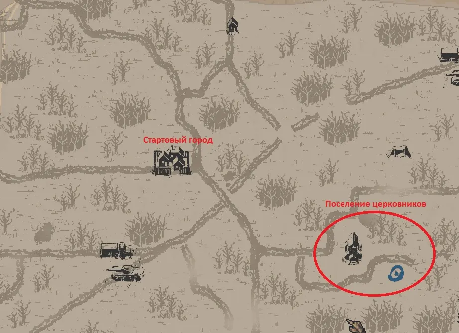 Scavland map with the church settlement circled southeast of the starting city