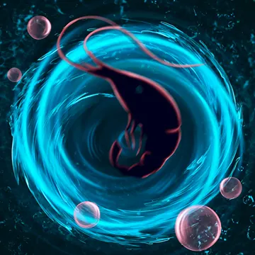 Twisty Swoop, the shrimp spinning upward inside a blue vortex
