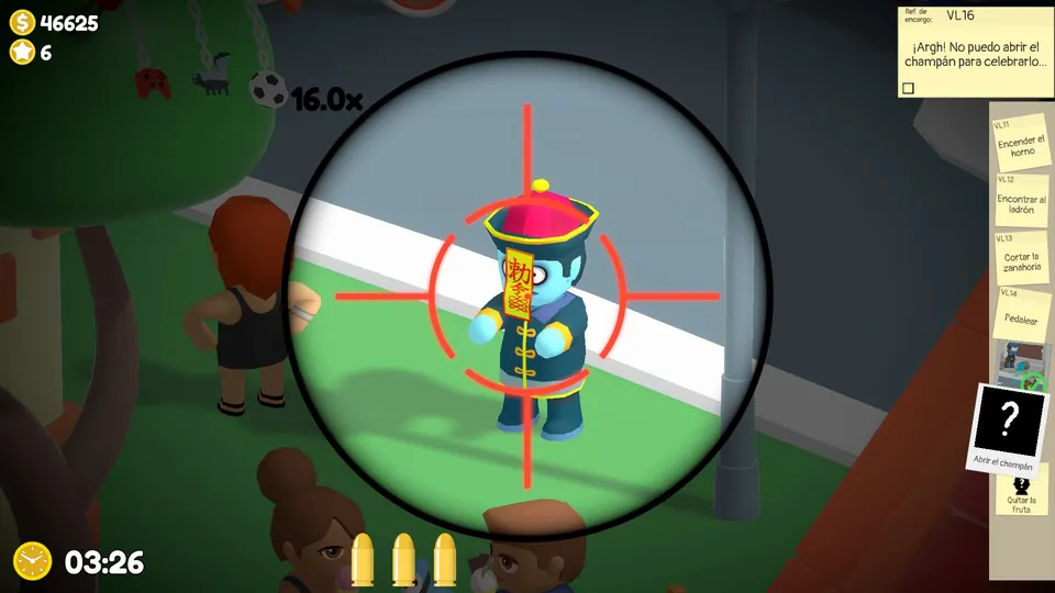 A Jiangshi in the scope, with the paper scroll on its face as the target