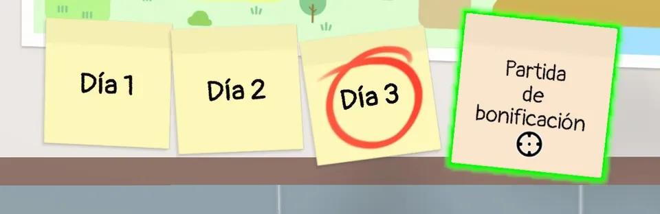 Office sticky notes for Day 1 to Day 3 and the bonus level card