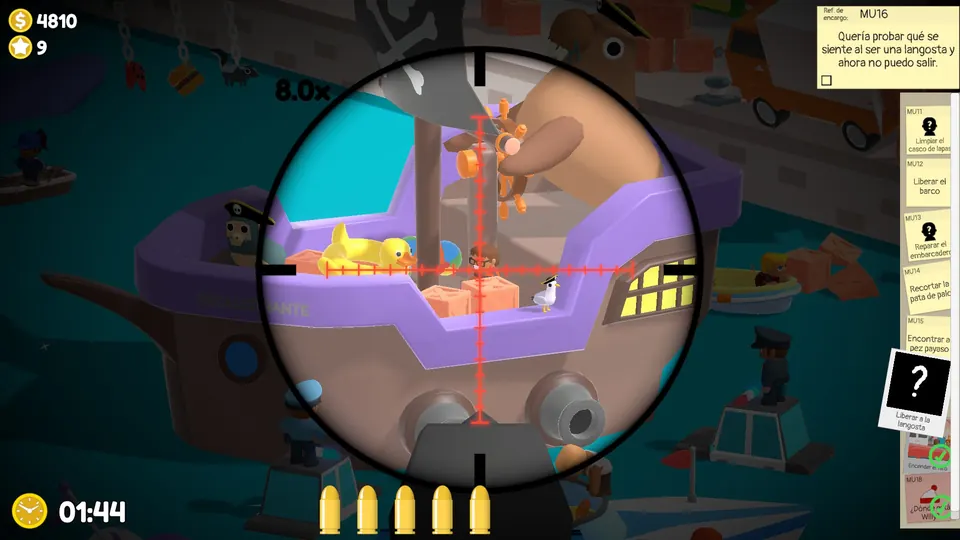 Willy behind a beach ball and crates on the pirate ship