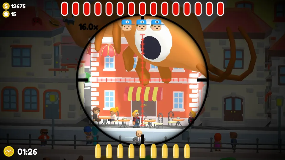 The giant prawn reaching for the doughnuts in the Happy Harbour boss