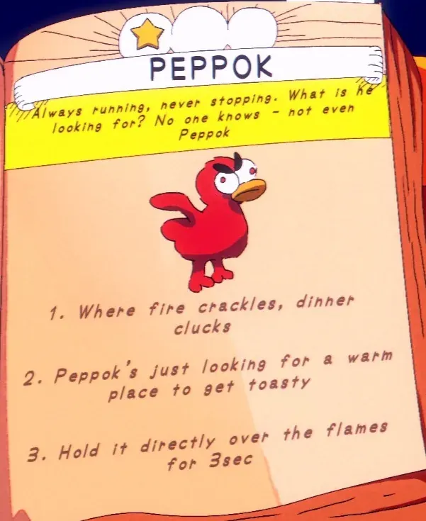 a chicken held over the campfire flames for Peppok