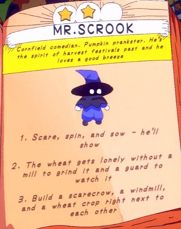 scarecrow, windmill and wheat side by side for Mr. Scrook