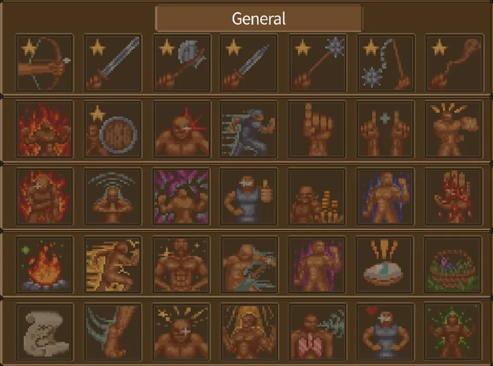 The General ability panel showing shared traits and weapon mastery icons in The Adventurers