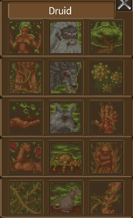 The Druid ability panel showing nature magic and summoned spirit icons