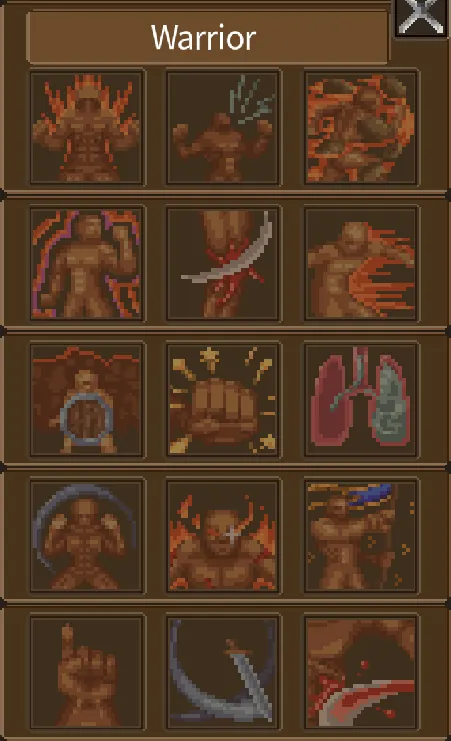 The Warrior ability panel showing melee attacks, defense, and control skill icons