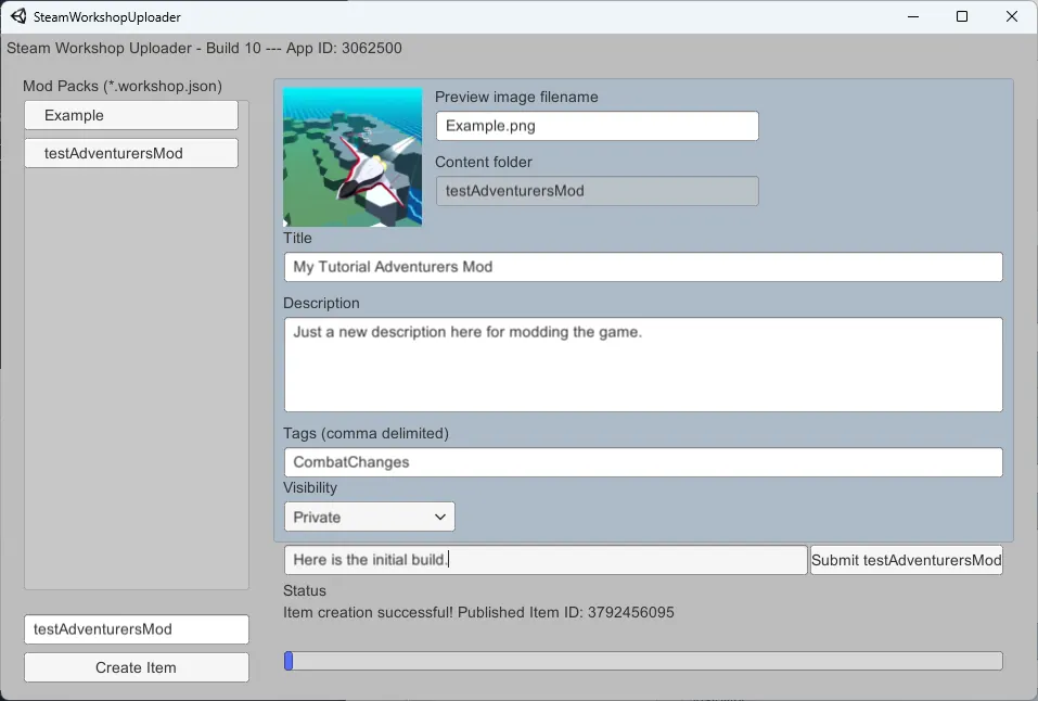 Completed Workshop fields for a tutorial mod, including its preview image, title, description, tag, visibility, and change note