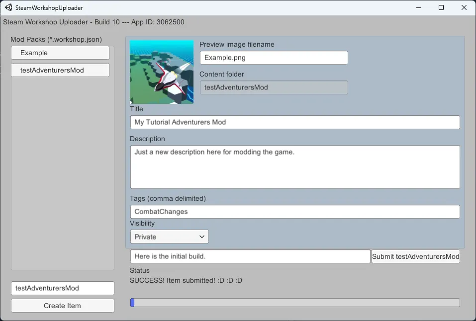 Steam Workshop Uploader status confirming that the tutorial mod item was submitted successfully