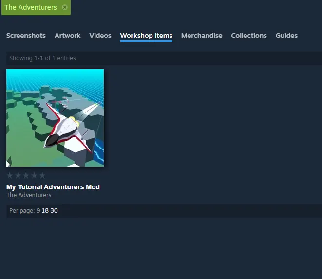 A submitted The Adventurers tutorial mod displayed in the Steam Workshop Items tab
