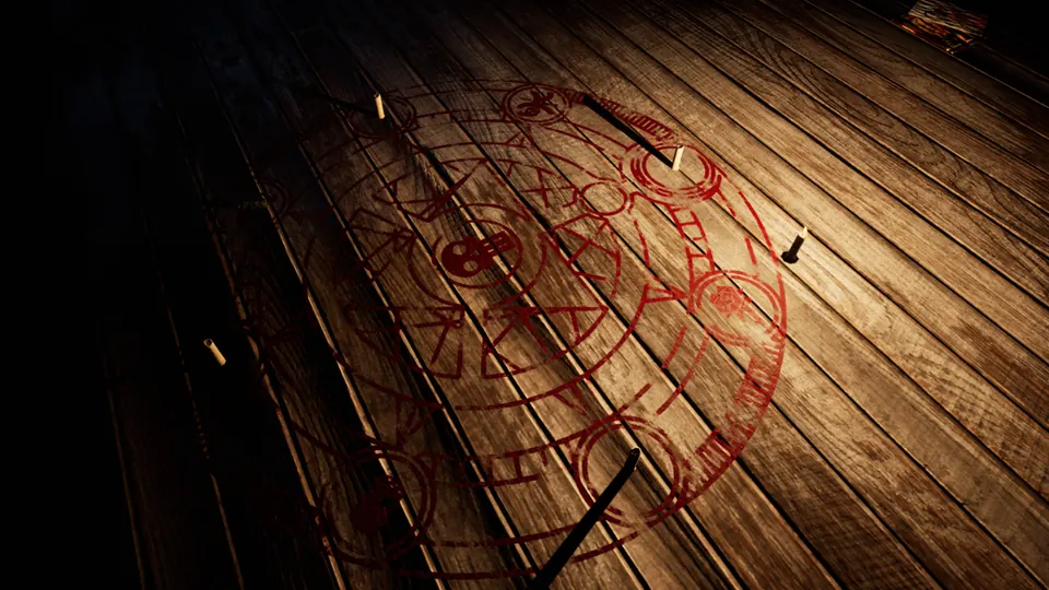 The ritual circle painted on the attic floorboards, its candles still unlit and nothing set down around the ring