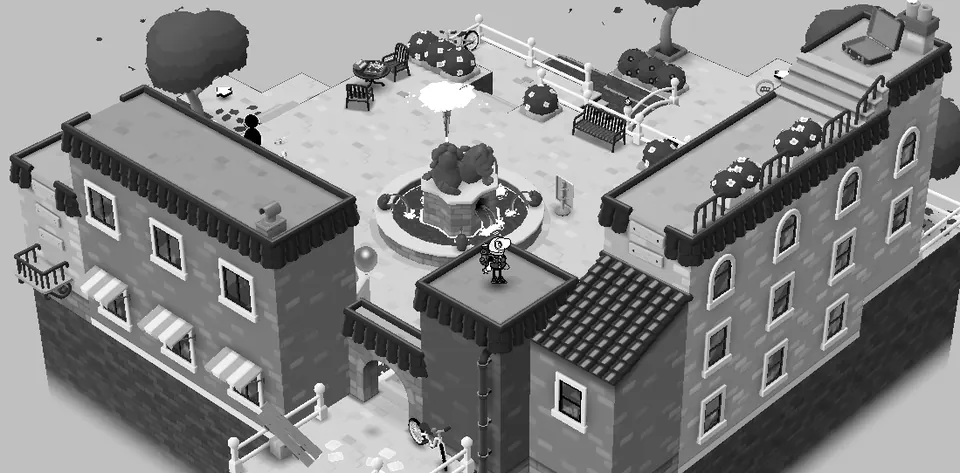 Deltburg rooftops from above, with an open suitcase lying on the right-hand roof