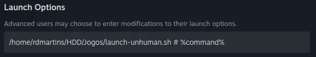 UNHUMAN's Steam launch options pointing at the script
