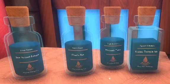 Aquatic vials: Sea Serpent Extract, Glowfin Roe, Mermaid's Tears and the square Kraken Tentacle Ink