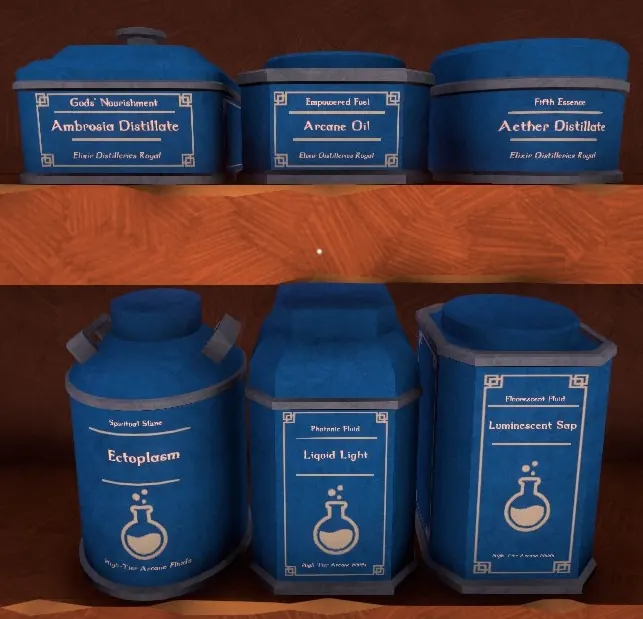 Enchanted boxes with flask labels, from Ambrosia Distillate to Luminescent Sap