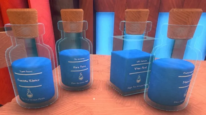 Enchanted vials, with Vitae Fluid in the square bottle