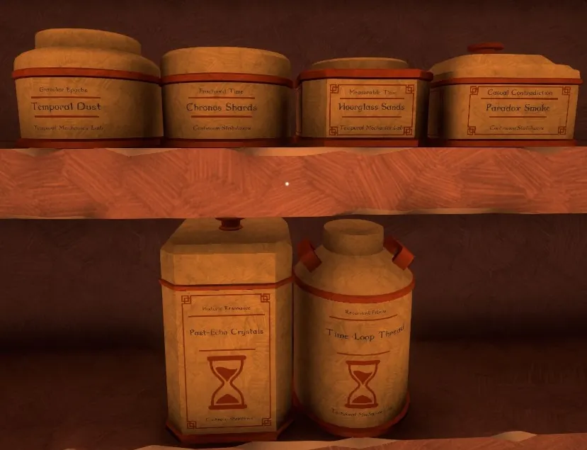 Chronomantic tins on a Wand & Order shop shelf with cream labels, the two larger tins stamped with a red-orange hourglass: Temporal Dust, Chronos Shards, Hourglass Sands, Paradox Smoke, Past-Echo Crystals and Time-Loop Thread